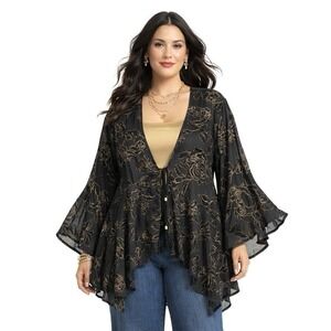 La Vanya Woman Kimono 3X Black Gold Meltallic Sheer Whimisgoth Fairy Top